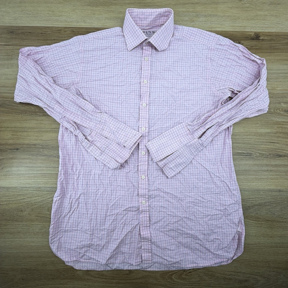 PINK‎ Thomas Pink Shirt Men 16.5 34 Pink Blue Check Button Up French Cuff